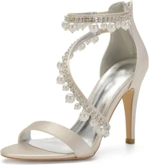 Women's High Heel Sandals Open Toe Ankle Strap Satin Crystal Wedding Shoes for Bride Formal Prom Party Dress Shoes Pump Sandals