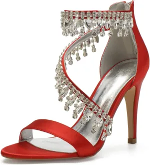 Women's High Heels Sandals Rhinestones Tassel Wedding Shoes for Bride Open Toe Zipper Back Formal Evening Party Dress Pumps
