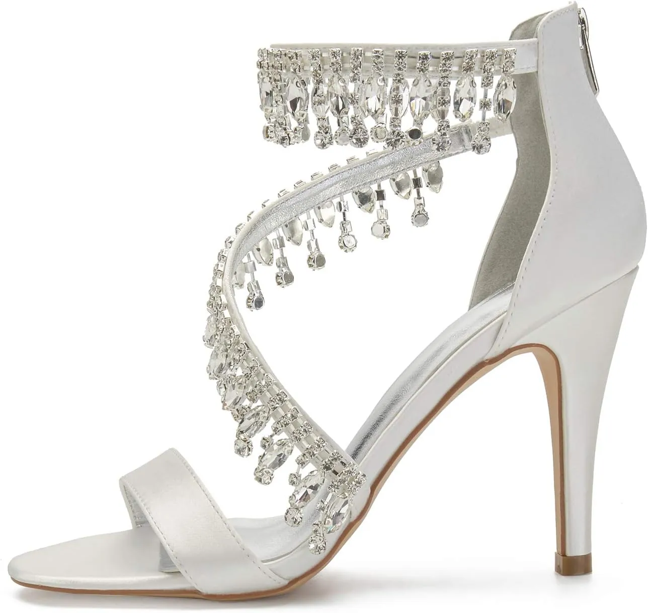 Women's High Heels Sandals Rhinestones Tassel Wedding Shoes for Bride Open Toe Zipper Back Formal Evening Party Dress Pumps