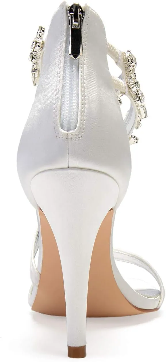 Women's High Heels Sandals Rhinestones Tassel Wedding Shoes for Bride Open Toe Zipper Back Formal Evening Party Dress Pumps