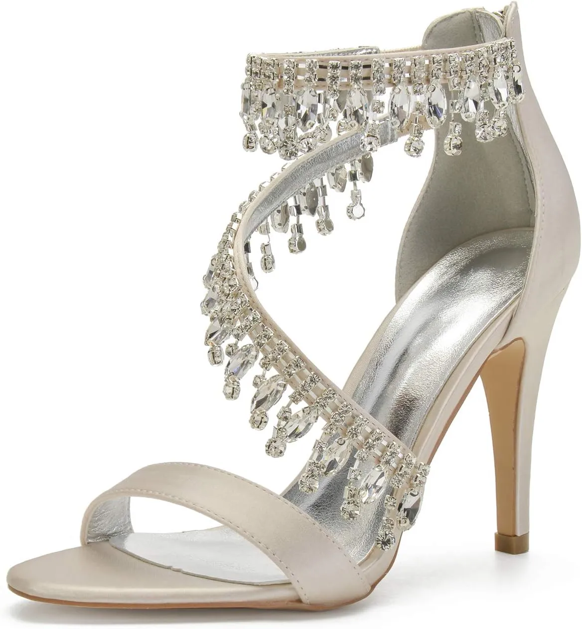 Women's High Heels Sandals Rhinestones Tassel Wedding Shoes for Bride Open Toe Zipper Back Formal Evening Party Dress Pumps