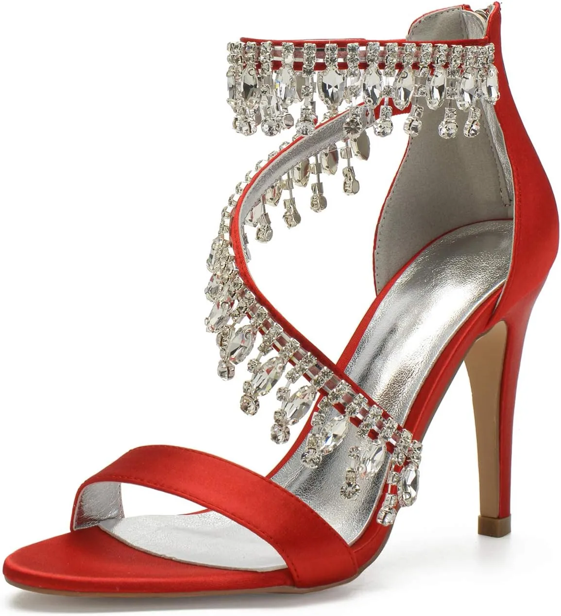 Women's High Heels Sandals Rhinestones Tassel Wedding Shoes for Bride Open Toe Zipper Back Formal Evening Party Dress Pumps