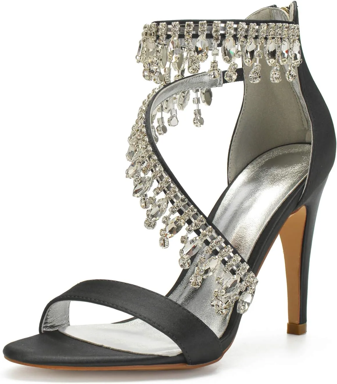Women's High Heels Sandals Rhinestones Tassel Wedding Shoes for Bride Open Toe Zipper Back Formal Evening Party Dress Pumps