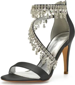 Women's High Heels Sandals Rhinestones Tassel Wedding Shoes for Bride Open Toe Zipper Back Formal Evening Party Dress Pumps