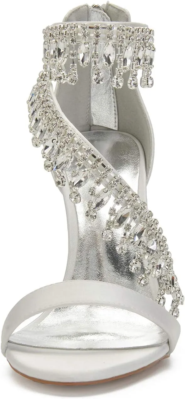 Women's High Heels Sandals Rhinestones Tassel Wedding Shoes for Bride Open Toe Zipper Back Formal Evening Party Dress Pumps