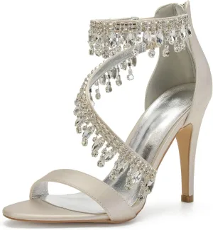 Women's High Heels Sandals Rhinestones Tassel Wedding Shoes for Bride Open Toe Zipper Back Formal Evening Party Dress Pumps