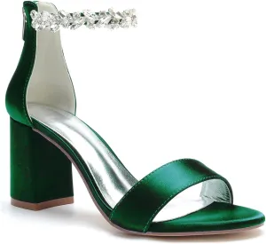 Women's Open Toe Chunky Block High Heel Crystal Wedding Shoes Evening Prom Dance Party Ankle Strap Dress Pump Shoes Sandals