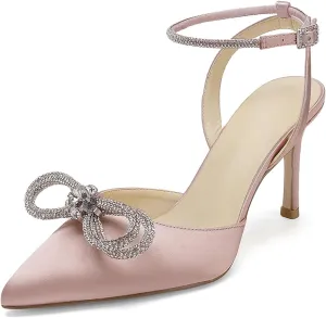 Women's Pointed Toe High Stilettos Satin Ankle Strap Crystal Pumps Wedding Bridal Party Dress Heeled Sandals