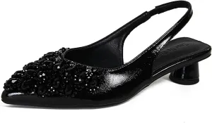 Women's Rhinestone Kitten Heel Slingback Sandals,Comfort Pointed Toe Slip On Block Heels Closed Toe Wedding Dress Pumps Shoes