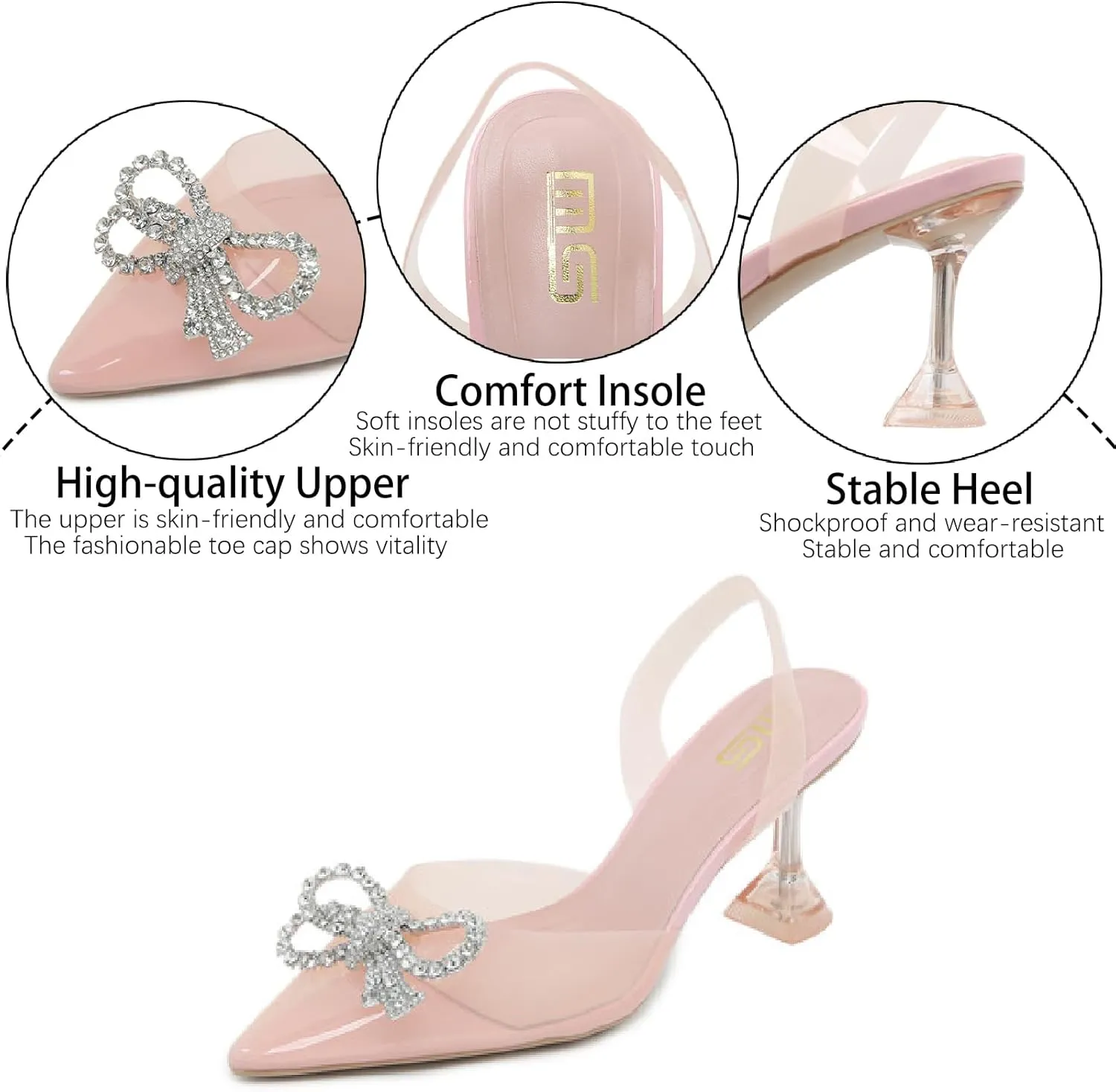Women's Rhinestones Bow Clear Heels Slingback Pumps Fashion Comfort Closed Pointed Toe Kitten Heels Sandals for Wedding Party Dress Shoes