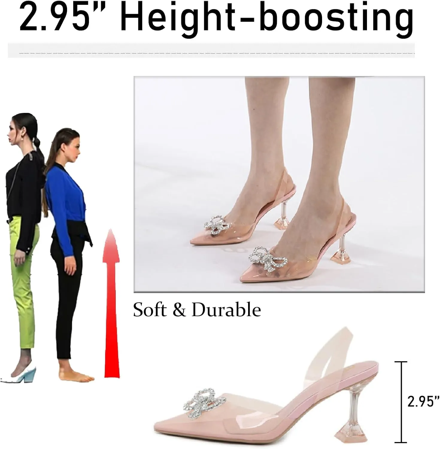 Women's Rhinestones Bow Clear Heels Slingback Pumps Fashion Comfort Closed Pointed Toe Kitten Heels Sandals for Wedding Party Dress Shoes