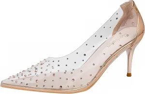Women's Rhinestones Clear Leather Stiletto Pumps Fashion Comfort Closed Pointed Toe Slip On High Heels Sandals for Party Prom Date Dress Shoes