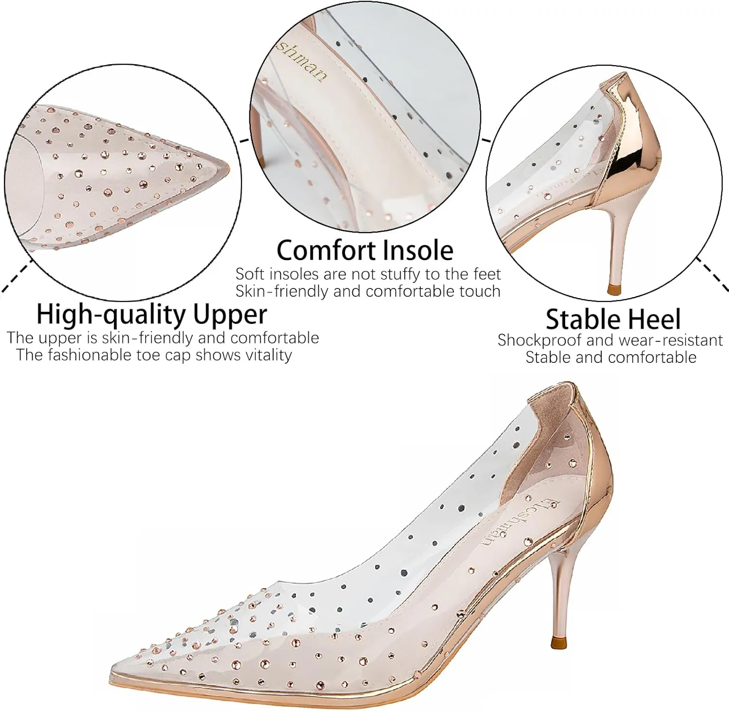 Women's Rhinestones Clear Leather Stiletto Pumps Fashion Comfort Closed Pointed Toe Slip On High Heels Sandals for Party Prom Date Dress Shoes