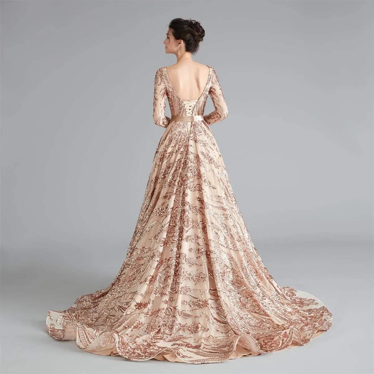 Women's Sequin Long Sleeves Formal Evening Dress Luxurious Chapel Train Prom Party Gowns