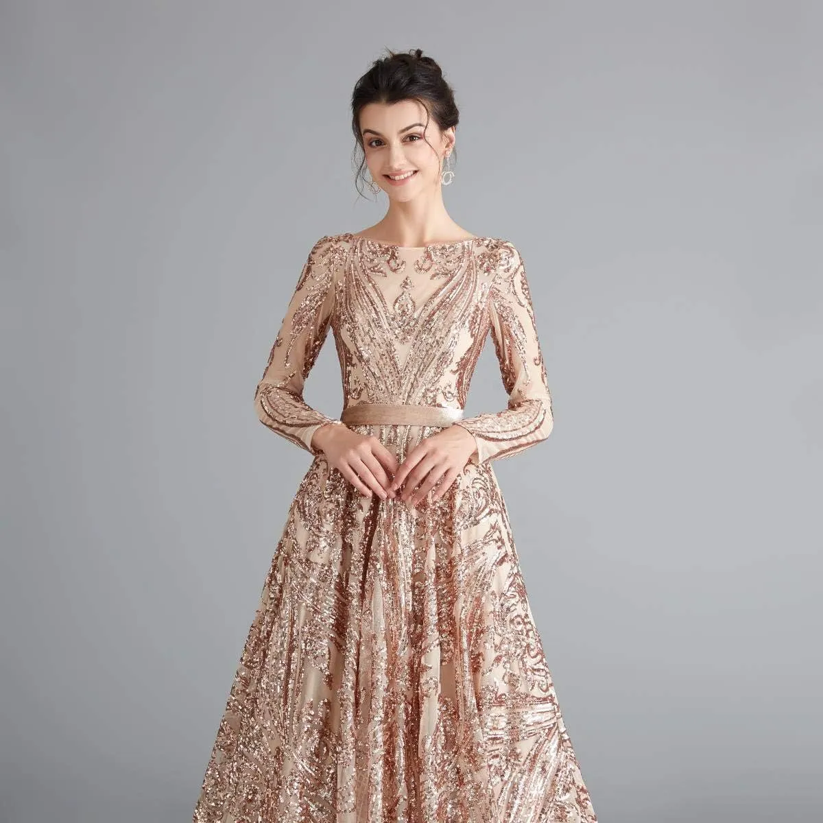 Women's Sequin Long Sleeves Formal Evening Dress Luxurious Chapel Train Prom Party Gowns