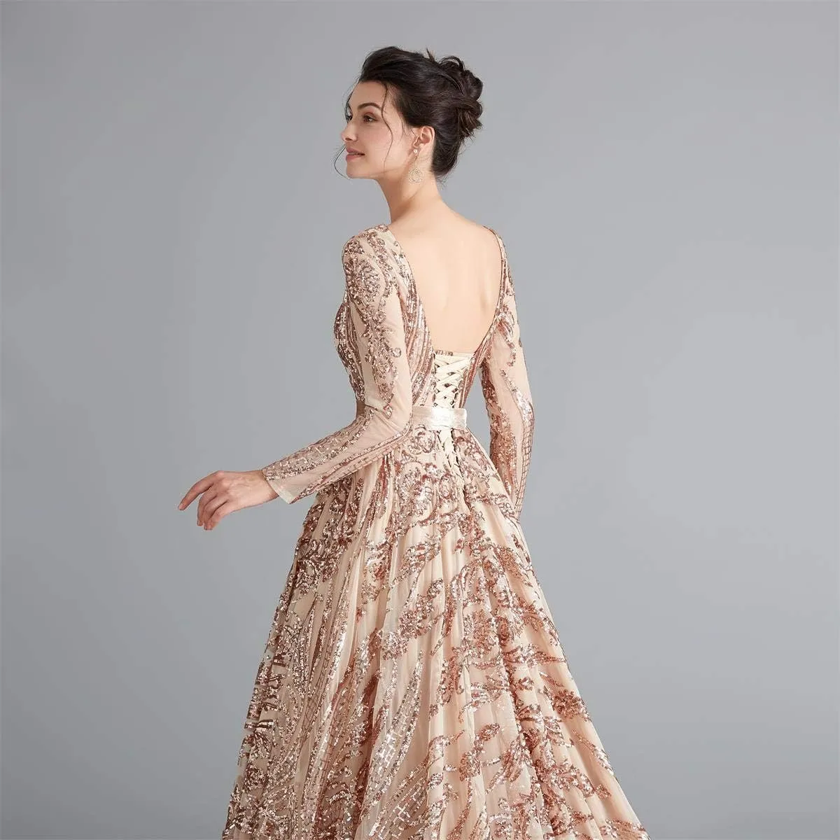 Women's Sequin Long Sleeves Formal Evening Dress Luxurious Chapel Train Prom Party Gowns