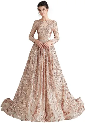Women's Sequin Long Sleeves Formal Evening Dress Luxurious Chapel Train Prom Party Gowns