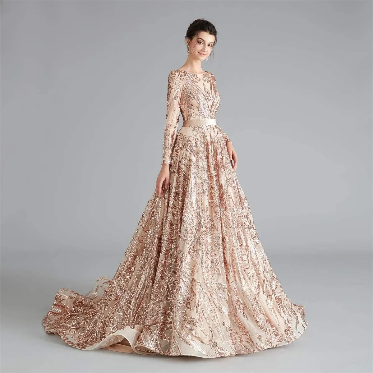 Women's Sequin Long Sleeves Formal Evening Dress Luxurious Chapel Train Prom Party Gowns