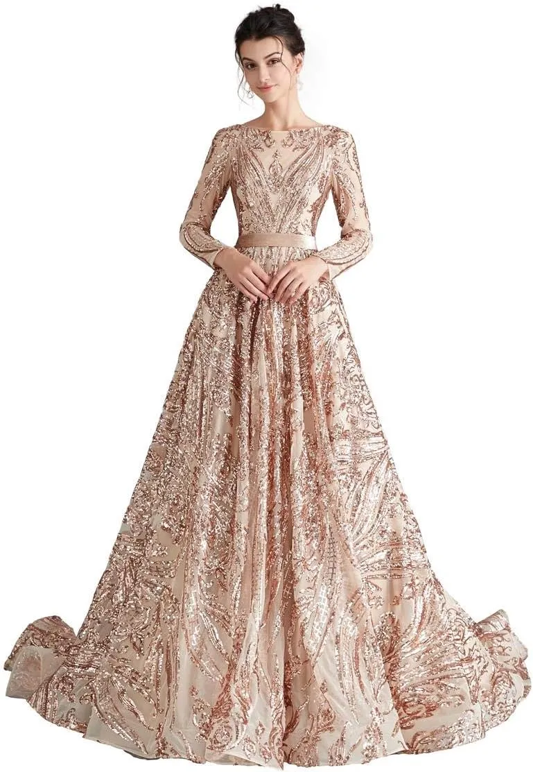 Women's Sequin Long Sleeves Formal Evening Dress Luxurious Chapel Train Prom Party Gowns