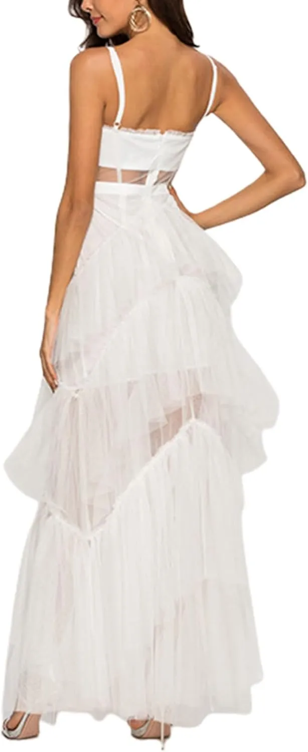 Women's Sexy See Through Tulle Dress Spaghetti Strap Layered Ruffle Hem Long Dress Summer Wedding Guest Mesh Dresses