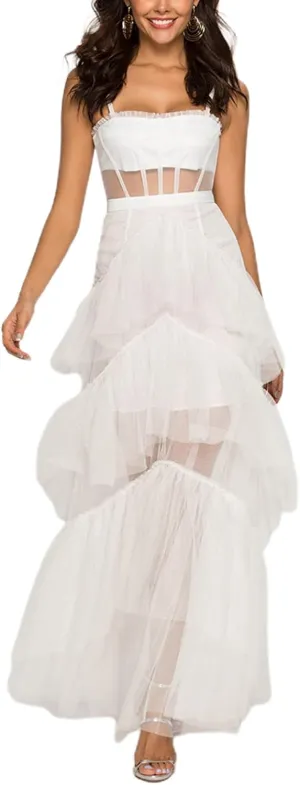 Women's Sexy See Through Tulle Dress Spaghetti Strap Layered Ruffle Hem Long Dress Summer Wedding Guest Mesh Dresses