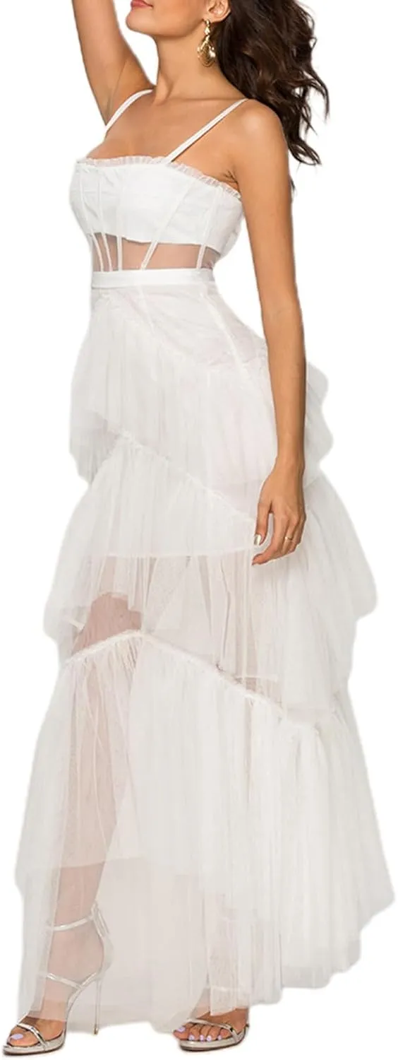 Women's Sexy See Through Tulle Dress Spaghetti Strap Layered Ruffle Hem Long Dress Summer Wedding Guest Mesh Dresses