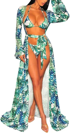 Women's Sexy Thin Mesh Long Sleeve Tie Front Swimsuit Swim Beach Maxi Cover Up Dress