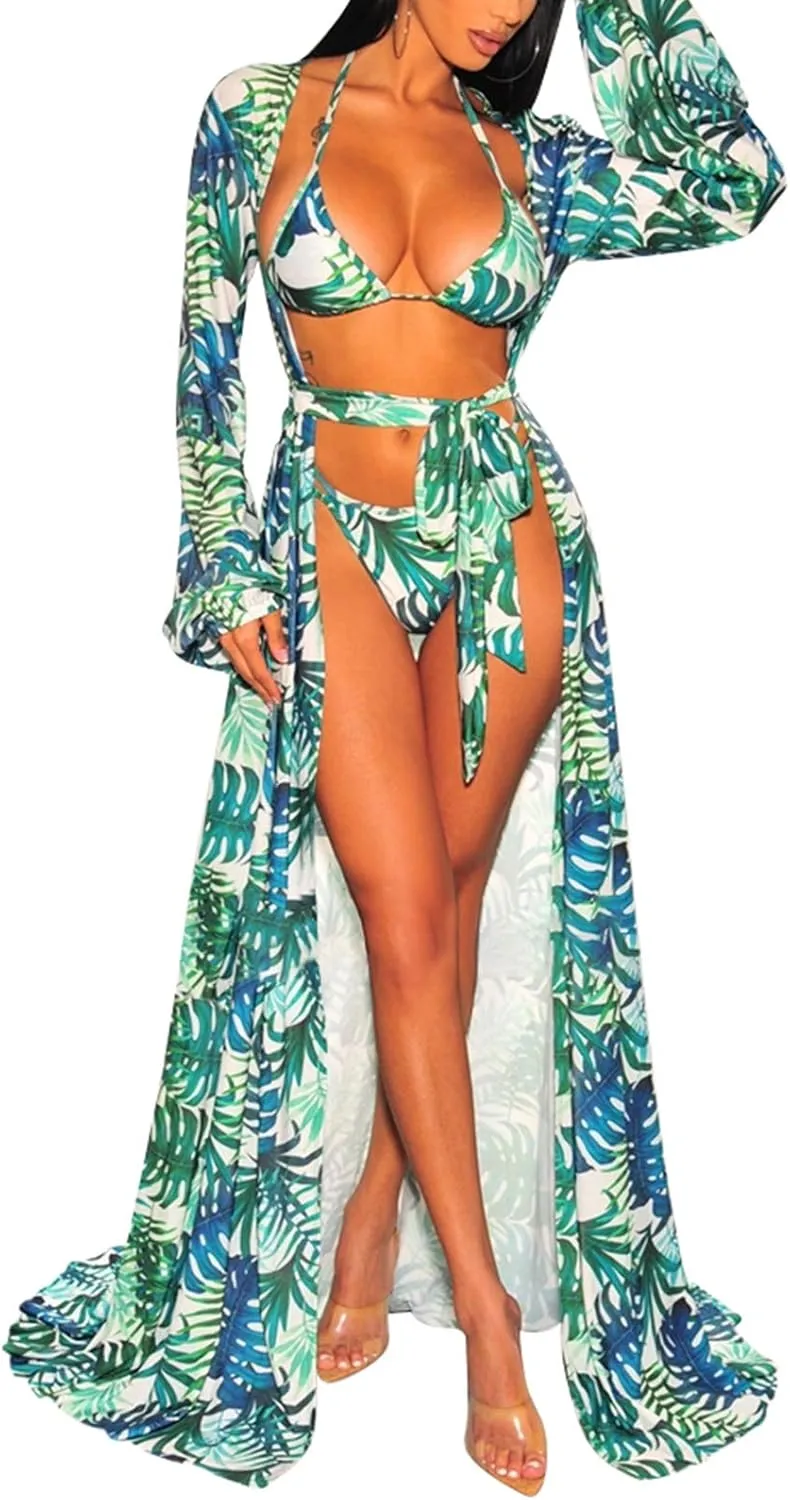 Women's Sexy Thin Mesh Long Sleeve Tie Front Swimsuit Swim Beach Maxi Cover Up Dress