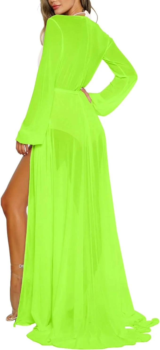 Women's Sexy Thin Mesh Long Sleeve Tie Front Swimsuit Swim Beach Maxi Cover Up Dress