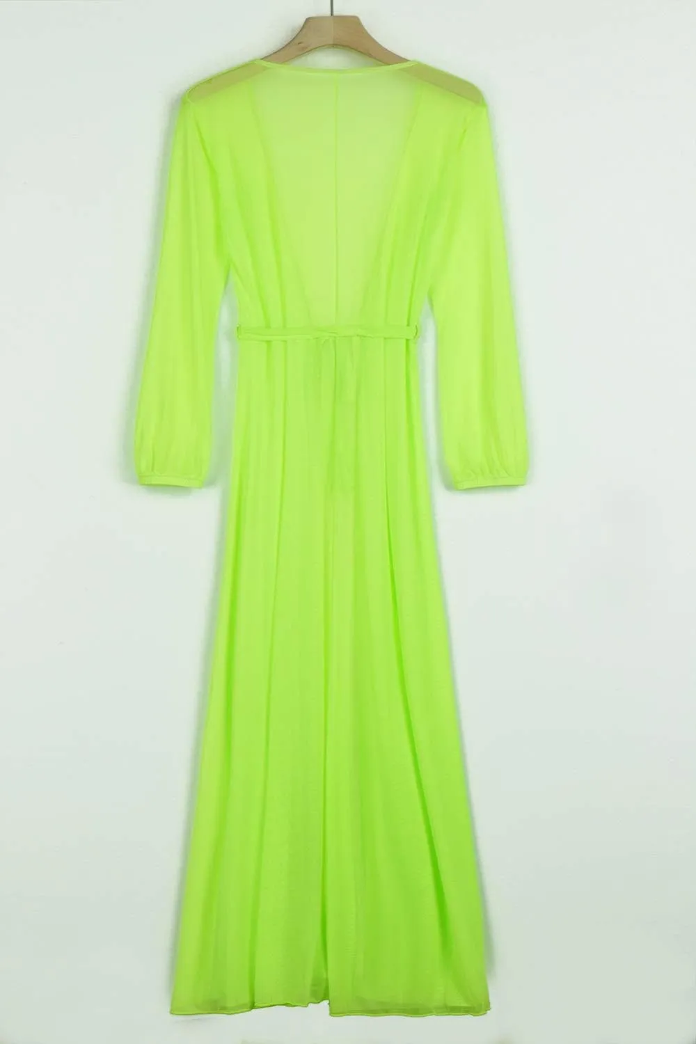 Women's Sexy Thin Mesh Long Sleeve Tie Front Swimsuit Swim Beach Maxi Cover Up Dress