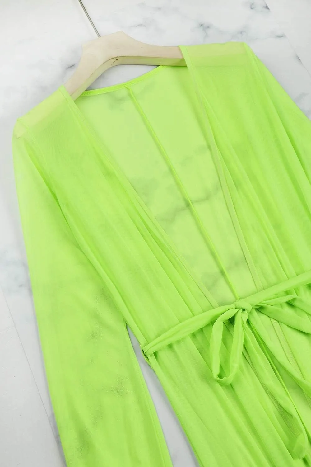 Women's Sexy Thin Mesh Long Sleeve Tie Front Swimsuit Swim Beach Maxi Cover Up Dress