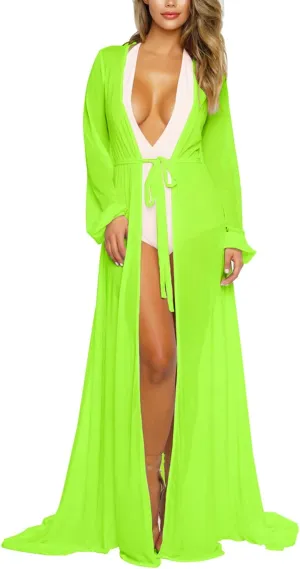 Women's Sexy Thin Mesh Long Sleeve Tie Front Swimsuit Swim Beach Maxi Cover Up Dress