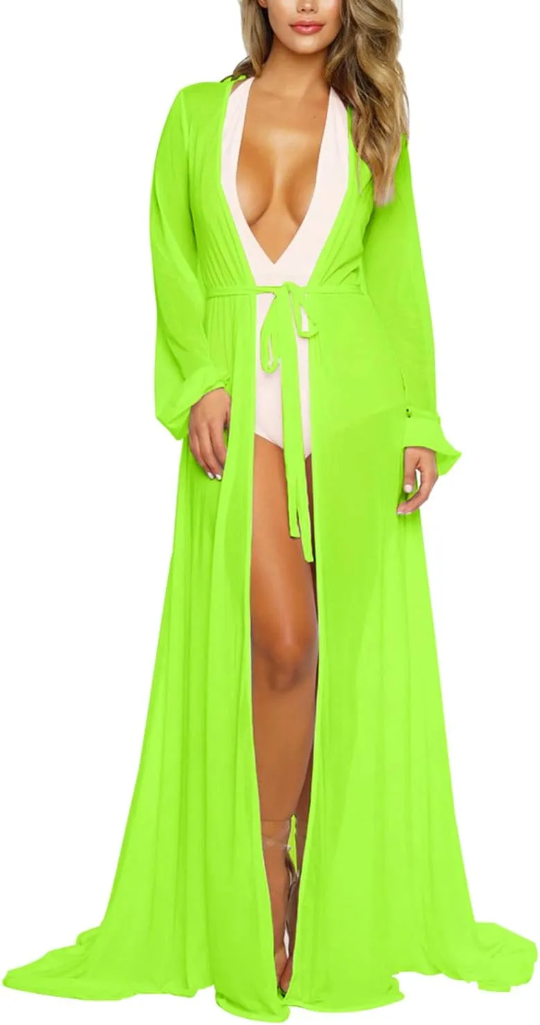 Women's Sexy Thin Mesh Long Sleeve Tie Front Swimsuit Swim Beach Maxi Cover Up Dress