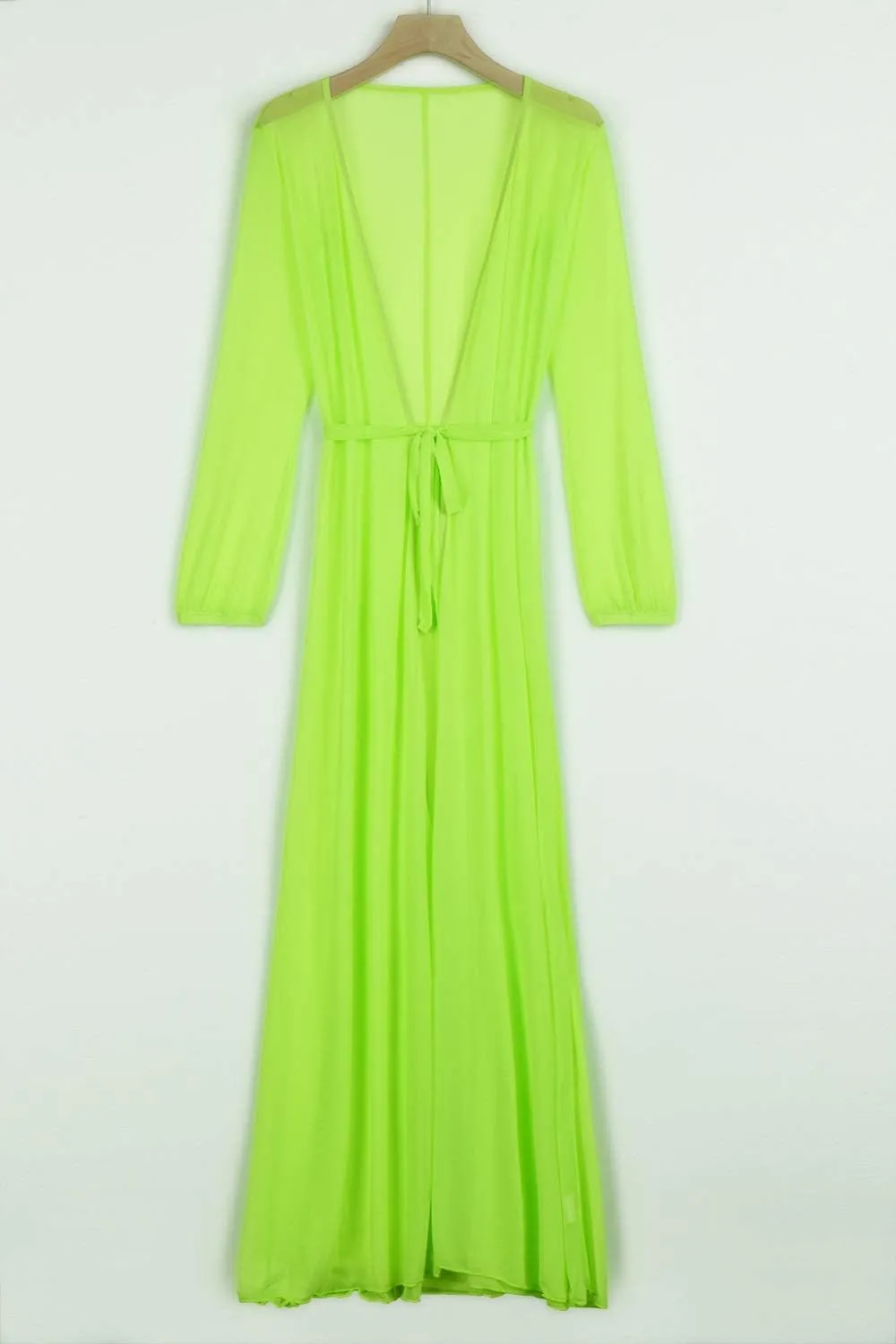 Women's Sexy Thin Mesh Long Sleeve Tie Front Swimsuit Swim Beach Maxi Cover Up Dress