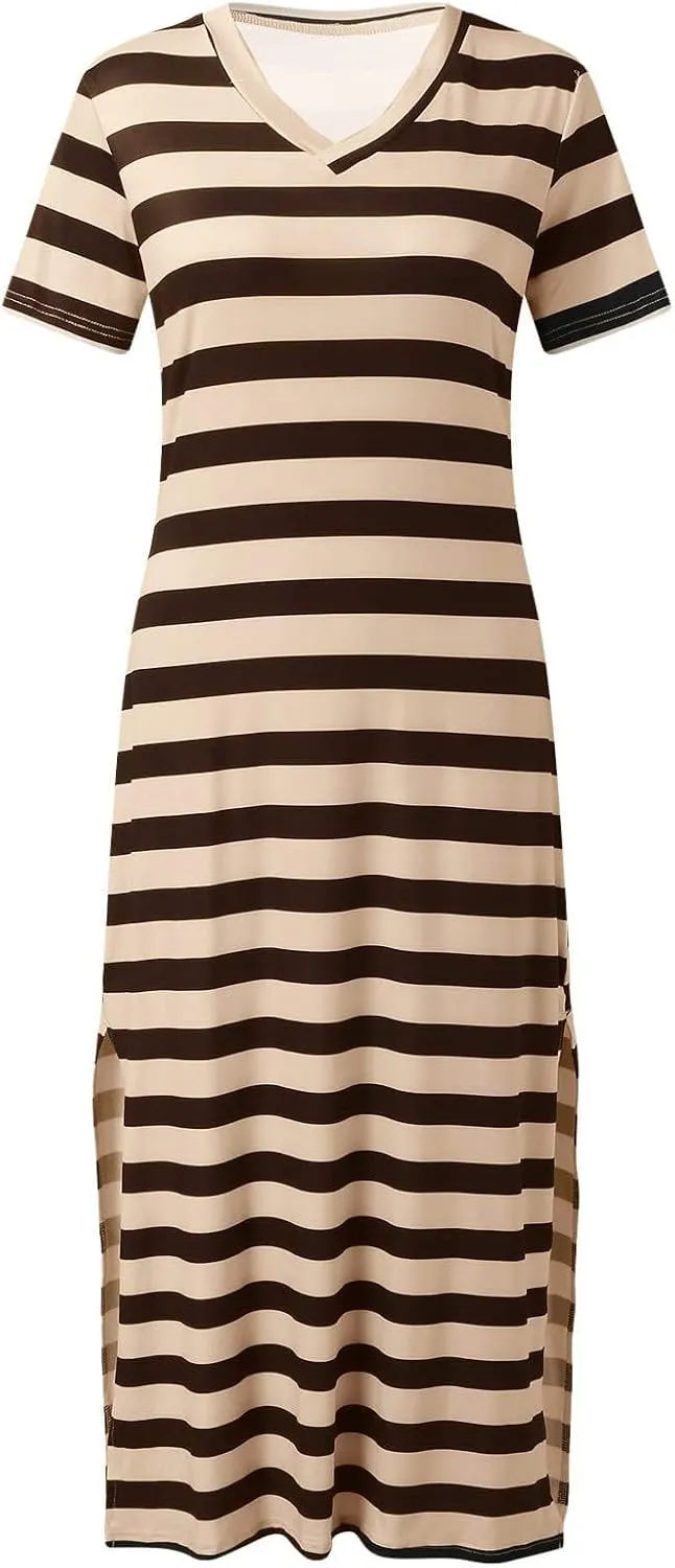 Women's Short Sleeve Comfortable Beach Dresses Striped Grahpic Design Sundress Split Casual Clothes
