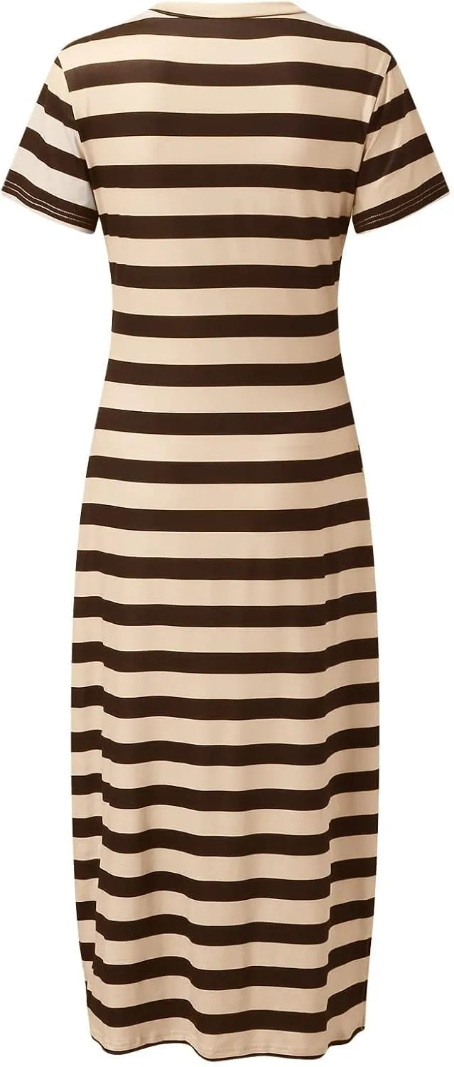 Women's Short Sleeve Comfortable Beach Dresses Striped Grahpic Design Sundress Split Casual Clothes
