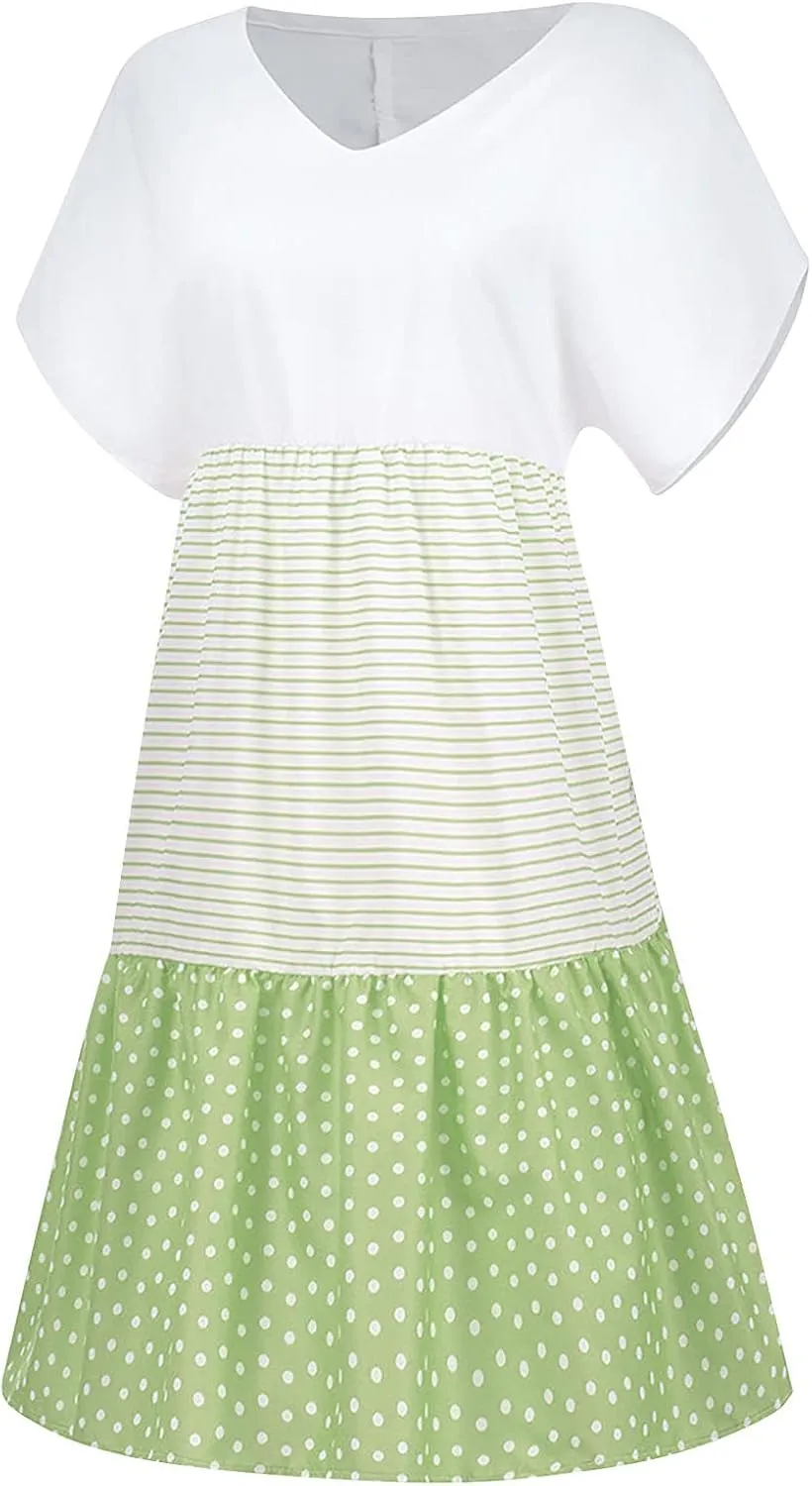 Womens Short Sleeve Loose Sun Dress V-Neck Summer Beach Dresses Casual Comfortable Clothes