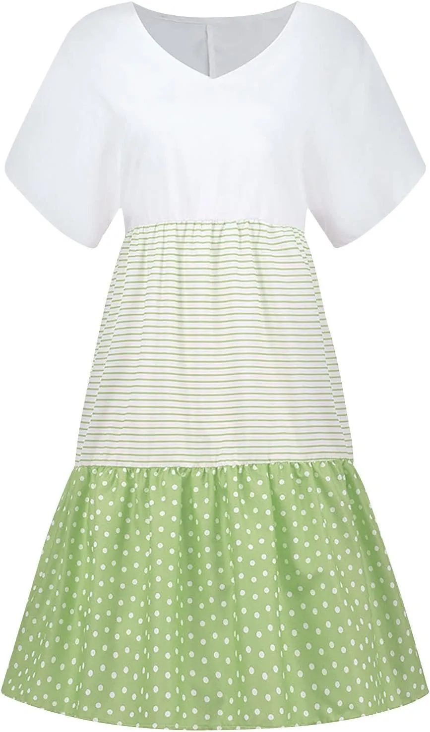 Womens Short Sleeve Loose Sun Dress V-Neck Summer Beach Dresses Casual Comfortable Clothes
