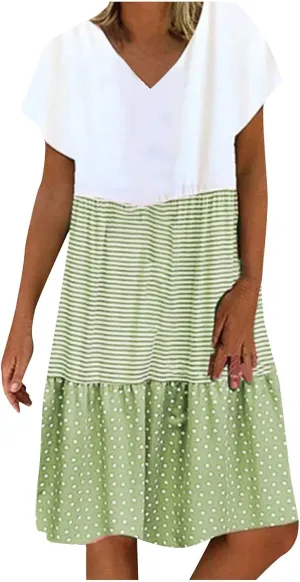 Womens Short Sleeve Loose Sun Dress V-Neck Summer Beach Dresses Casual Comfortable Clothes