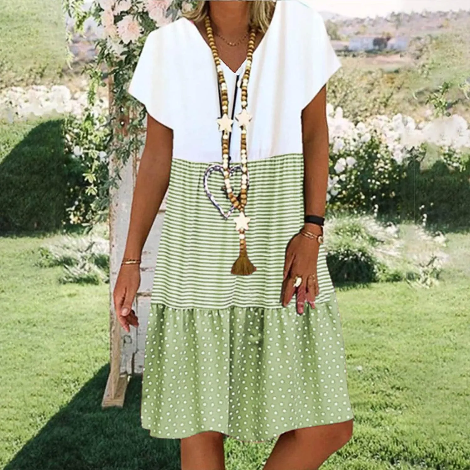 Womens Short Sleeve Loose Sun Dress V-Neck Summer Beach Dresses Casual Comfortable Clothes