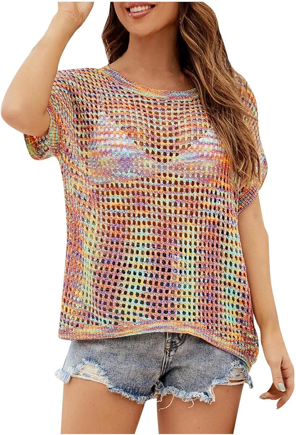 Womens Summer Tops 2025 Trendy Crochet Short Sleeve Mesh Knit Shirts Dressy Beach Vacation Outfits