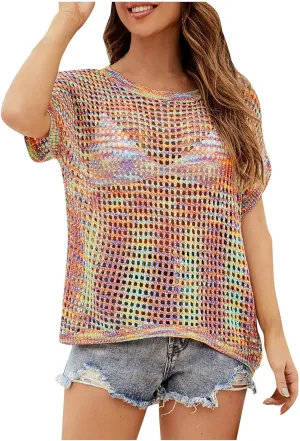 Womens Summer Tops 2025 Trendy Crochet Short Sleeve Mesh Knit Shirts Dressy Beach Vacation Outfits