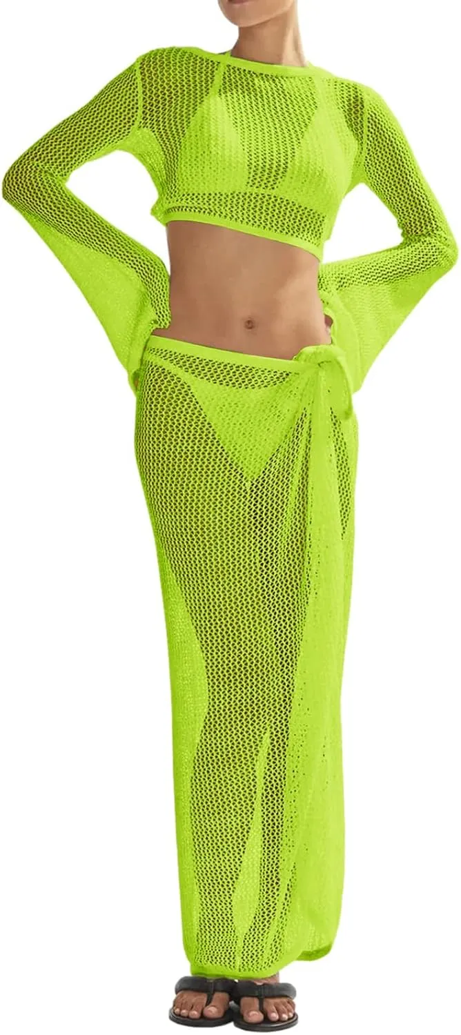 Women's Swimsuits Cover Ups Set for Crochet Bathing Suit Hollow Out 2 Piece Bikini Coverup Beach Swimwear