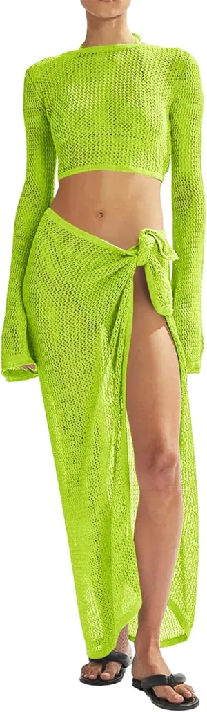 Women's Swimsuits Cover Ups Set for Crochet Bathing Suit Hollow Out 2 Piece Bikini Coverup Beach Swimwear