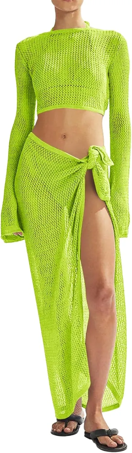 Women's Swimsuits Cover Ups Set for Crochet Bathing Suit Hollow Out 2 Piece Bikini Coverup Beach Swimwear