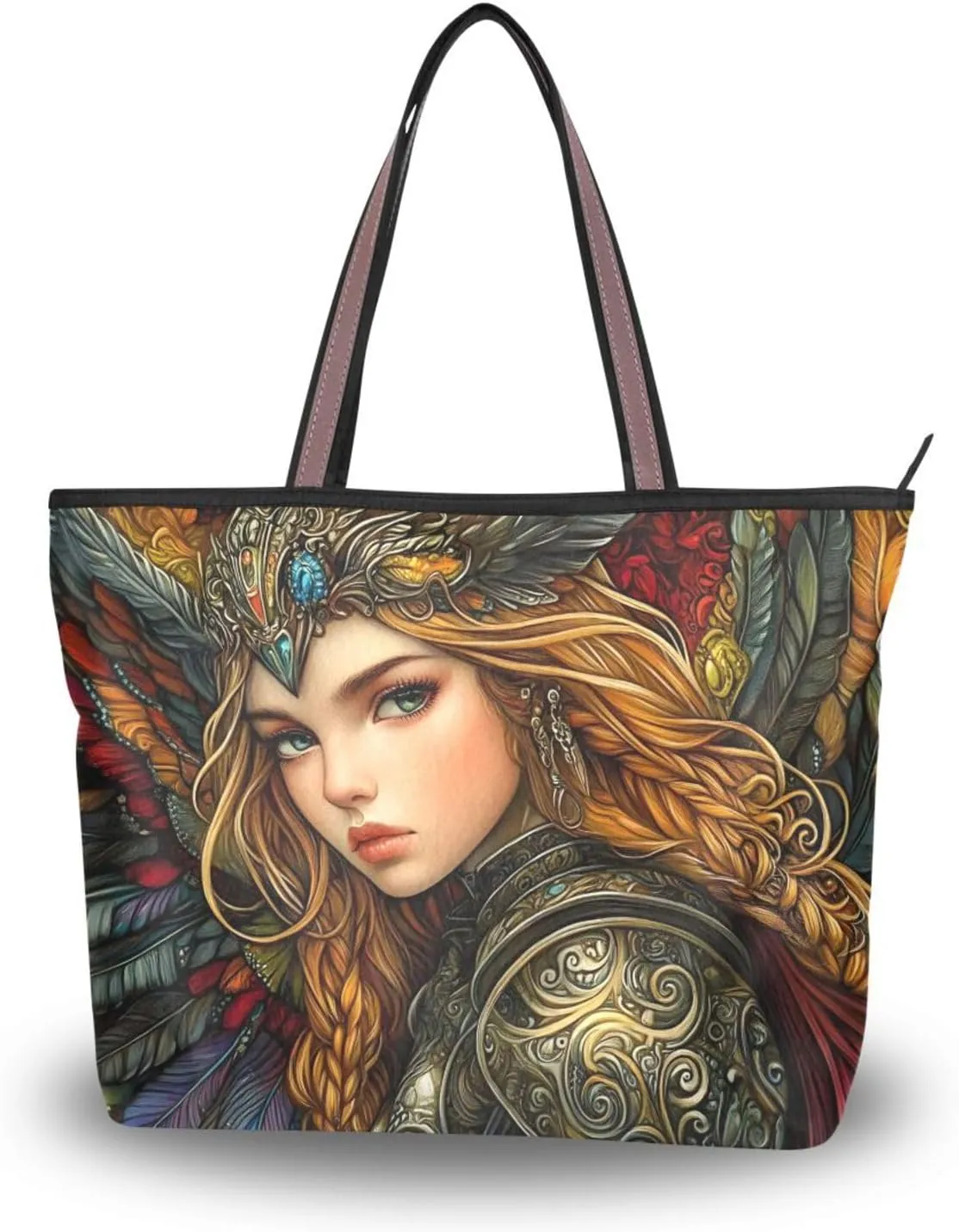 Women's Tote Bag Female Knight Print, Large Capacity Zipper Shoulder Bags Handbag Reusable Grocery Bag Large