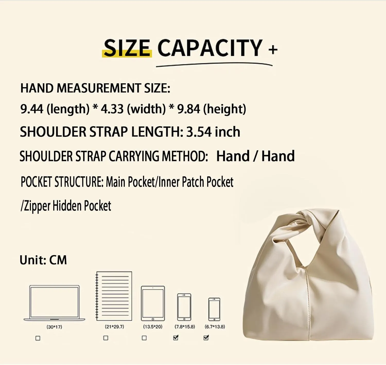 Women's Twist Top Magnetic Closure Ruched Cloud Handbag Soft Leather Y2K Hobo Evening Bags for Shopping Traveling Dating (White)