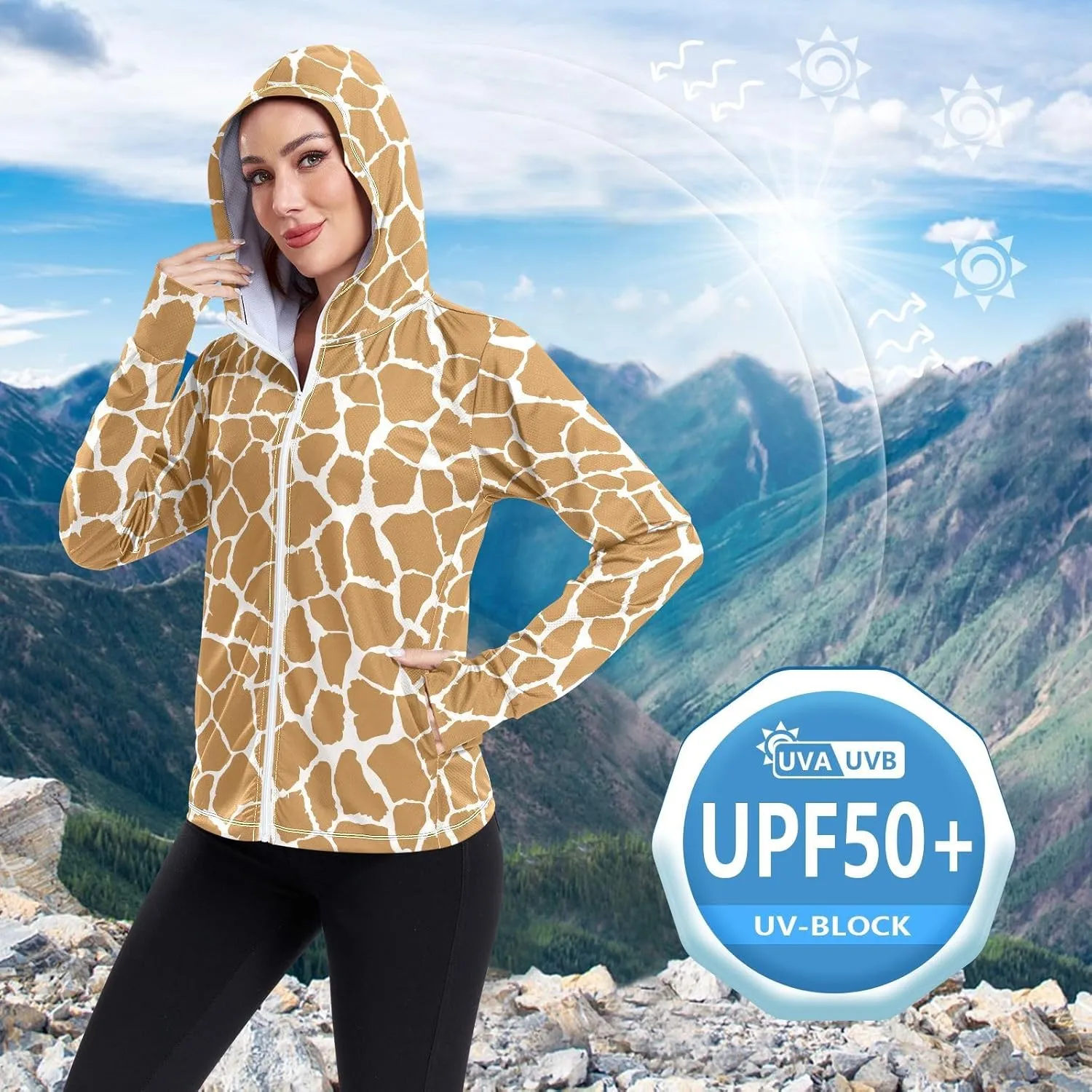 Women'S UPF 50  Uv Sun Protection Clothing Giraffe Print Zipper Jacket Long-Sleeved Hoodie