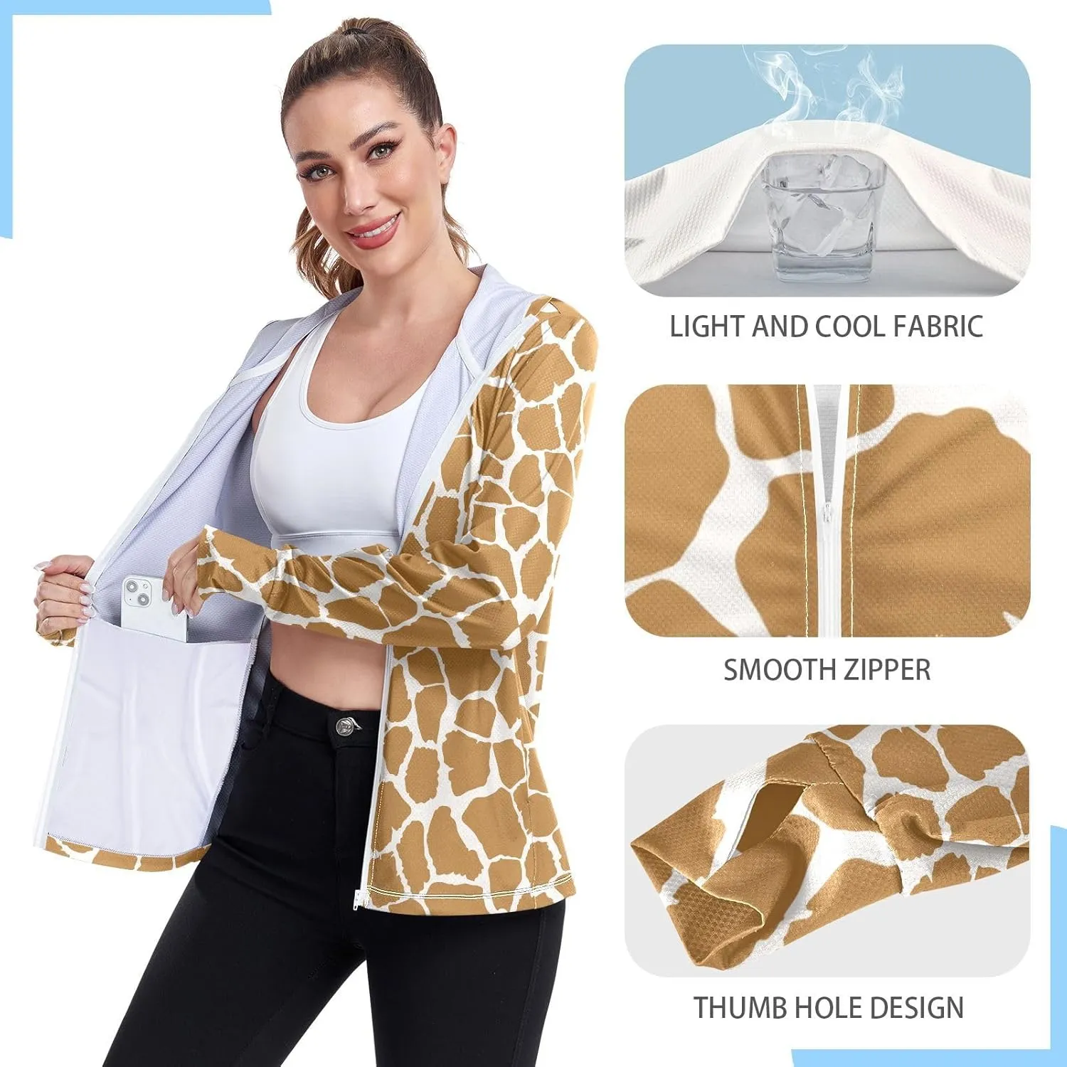 Women'S UPF 50  Uv Sun Protection Clothing Giraffe Print Zipper Jacket Long-Sleeved Hoodie