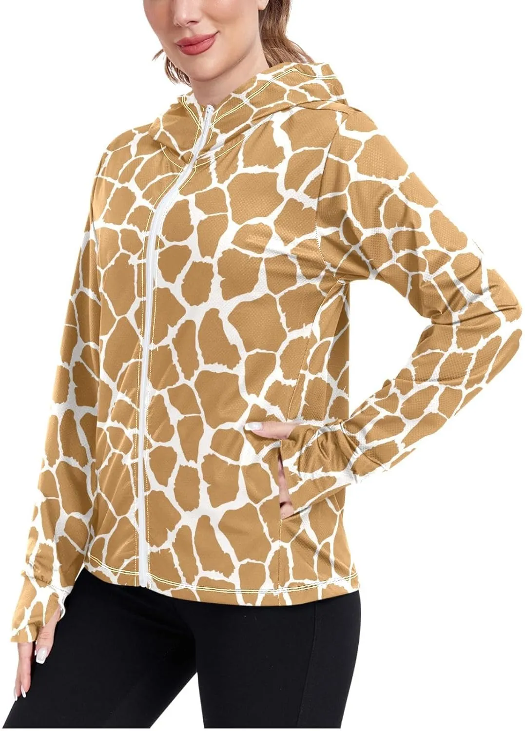 Women'S UPF 50  Uv Sun Protection Clothing Giraffe Print Zipper Jacket Long-Sleeved Hoodie